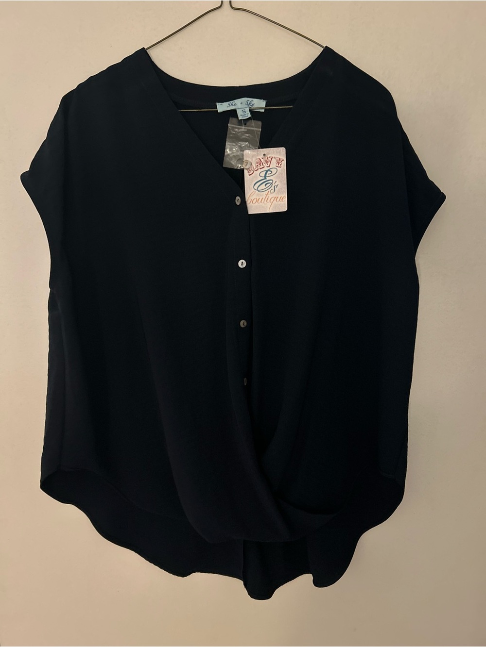 She + Sky Black Button-Front V-Neck Blouse